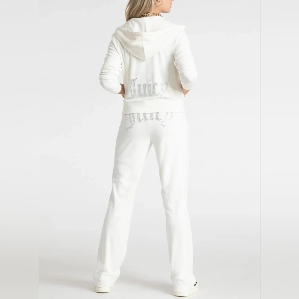 Juicy Couture Velour Bling White Cream Soda Tracksuit L Hoodie Jacket Pant Set